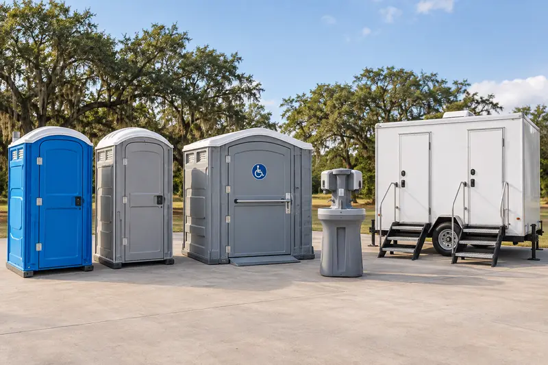 Standard and accessible portable toilets, handwashing and a restroom trailer